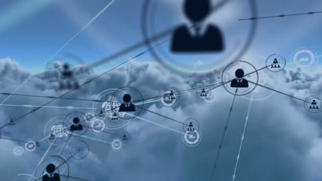 Animation-Des-Netzwerks-Von-Verbindungen-Mit-Menschensymbolen-Auf-Wolken-Auf-Blauem-Hintergrund