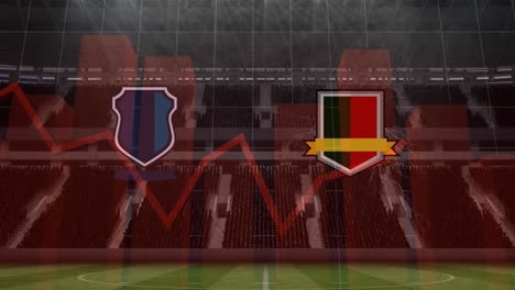 Animation-of-team-emblems-with-graphs-and-data-processing-over-sports-stadium