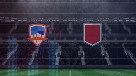 Animation-of-team-emblems-with-graphs-and-data-processing-over-sports-stadium