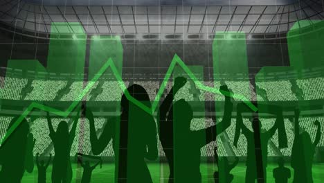 Animation-of-green-graphs-and-data-processing-over-cheering-fans-at-sports-stadium