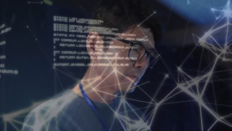 Animation-of-network-of-connections-over-caucasian-male-it-engineer-with-checking-computer-servers