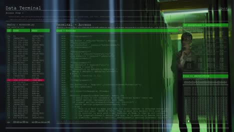 Animation-of-data-processing-over-caucasian-female-it-engineer-with-tablet-checking-computer-servers
