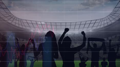 Animation-of-graphs-and-data-processing-on-interface-over-cheering-sports-fans-at-stadium
