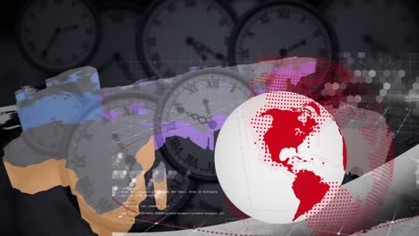 Animación-De-Red-Global,-Mapas-Y-Procesamiento-De-Datos-A-Través-De-Relojes.