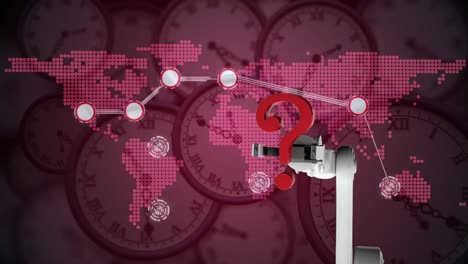 Animation-of-robot-arm-holding-red-question-mark-with-global-network-map-over-clocks