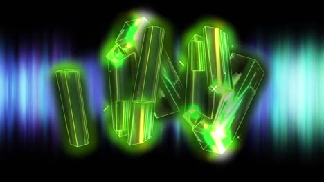 Animation-of-glowing-green-metallic-rods-floating-over-green-lights-on-black-background