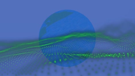 Animation-of-green-mesh-over-blue-globe-and-blue-background