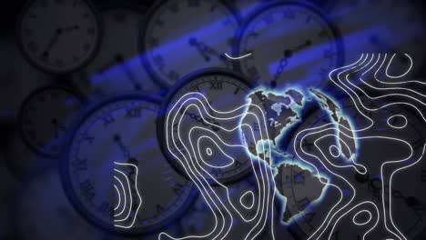 Animation-of-blue-lights,-rotating-globe-and-contour-lines-over-turning-clocks