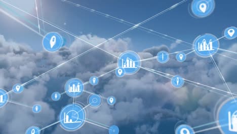 Animation-of-network-of-connections-with-icons-over-clouds-on-blue-sky-background