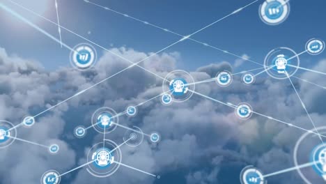 Animation-of-network-of-connections-with-icons-on-clouds-on-blue-sky-background