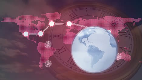 Animación-Del-Globo,-Procesamiento-De-Datos-A-Través-Del-Reloj-Y-Red-De-Conexiones-En-El-Mapa-Mundial-Rojo-En-El-Cielo
