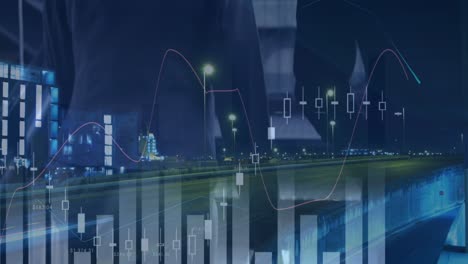 Animation-Der-Statistikverarbeitung-über-Geschäftsleute-Und-Stadtlandschaft