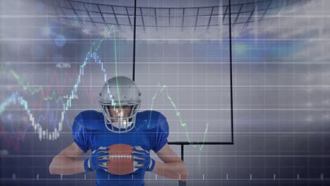 Animation-of-graphs-and-data-processing-with-american-footballer-holding-ball-over-sports-stadium