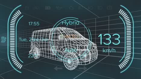 Animation-of-speedometer,-gps-and-charge-status-data-on-hybrid-van-interface,-over-3d-van-model