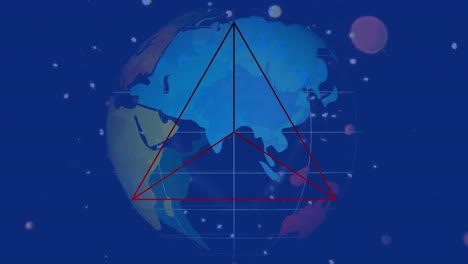 Animation-of-red-triangle-over-blue-globe-and-blue-background