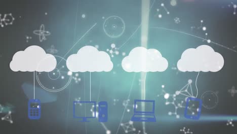Animation-of-clock-moving-fast-digital-clouds-with-electronic-devices-and-network-of-connections
