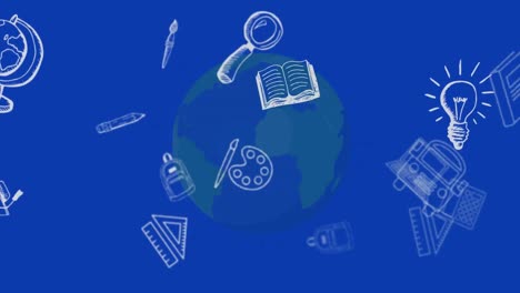 Animation-of-school-icons-floating-over-blue-globe-and-blue-background