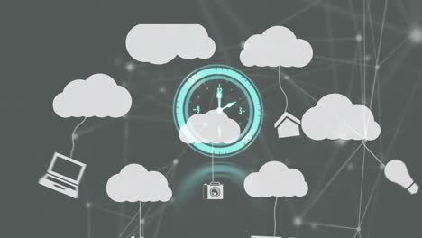 Animation-of-clock-moving-fast-over-digital-clouds-with-icons-and-network-of-connections