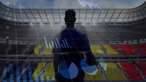 Animation-of-graphs-and-data-processing-over-rugby-player-holding-ball-at-sports-stadium