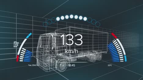 Animación-De-Velocímetro,-GPS-Y-Datos-De-Estado-De-Carga-En-La-Interfaz-Del-Vehículo,-Sobre-Un-Modelo-De-Camión-3D.