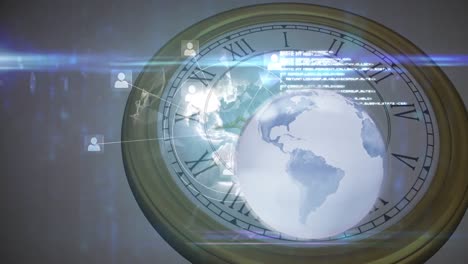 Animation-Des-Globus-Und-Datenverarbeitung-über-Die-Uhr-Und-Globales-Netzwerk-Von-Verbindungen-Auf-Der-Weltkarte
