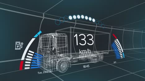 Animation-of-speedometer,-gps-and-charge-status-data-on-vehicle-interface,-over-3d-truck-model