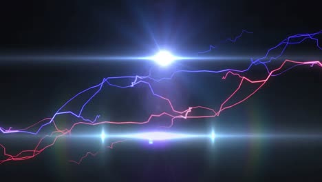 Animation-Roter-Partikel-Und-Beweglicher-Lichter-Mit-Leuchtenden-Blauen-Und-Roten-Elektrischen-Strömen-Auf-Schwarz