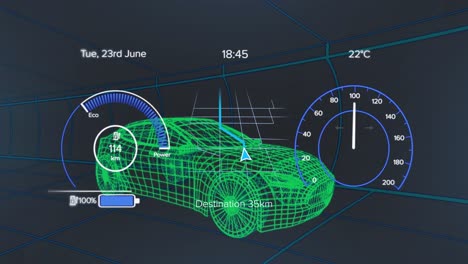 Animation-of-speedometer,-gps-and-charge-status-data-on-vehicle-interface,-over-3d-car-model