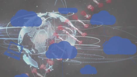 Animation-Von-DNA-Strang,-Globus-über-Digitalen-Wolken-Und-Netzwerk-Von-Verbindungen