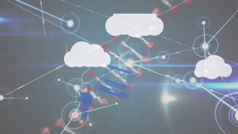Animation-Eines-DNA-Strangs,-Der-Sich-über-Digitale-Wolken-Und-Ein-Netzwerk-Von-Verbindungen-Dreht
