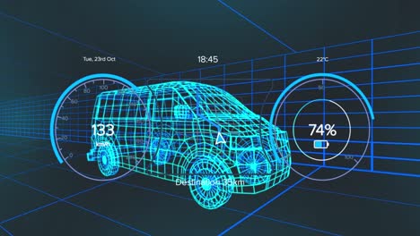Animation-Von-Tachometer-,-GPS--Und-Ladestatusdaten-Auf-Der-Fahrzeugschnittstelle,-über-3D-Transportermodell