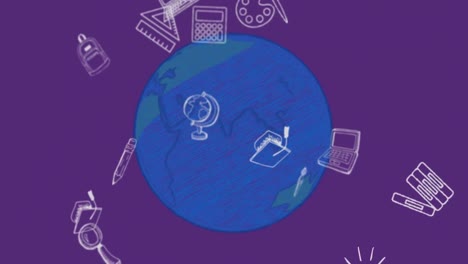 Animation-of-school-icons-floating-over-blue-globe-and-purple-background