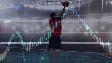 Animation-Von-Grafiken-Und-Datenverarbeitung-über-Männliche-Volleyballspieler-In-Aktion-Im-Sportstadion