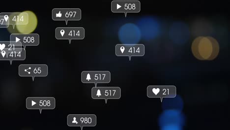 Animation-of-social-media-icons-and-numbers-over-flickering-lights