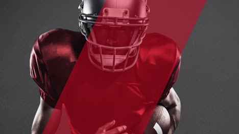 Animation-of-diagonal-red-stripe-moving-over-male-american-football-player,-on-grey-background