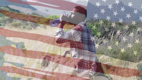 Animation-Der-Amerikanischen-Flagge-über-Einem-Afroamerikanischen-Mann,-Der-In-Den-Bergen-Wasser-Trinkt