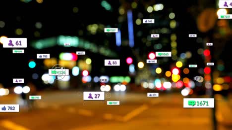 Animation-of-social-media-icons-and-numbers-over-out-of-focus-city-and-car-lights
