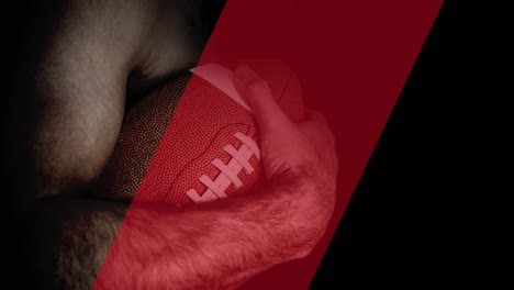 Animation-of-diagonal-red-stripe-moving-over-male-arm-holding-american-football,-on-dark-background