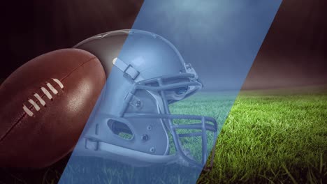 Animation-of-diagonal-blue-stripe-moving-over-american-football-and-helmet,-on-grass-pitch