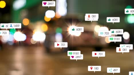 Animation-of-social-media-icons-and-numbers-over-out-of-focus-traffic-light