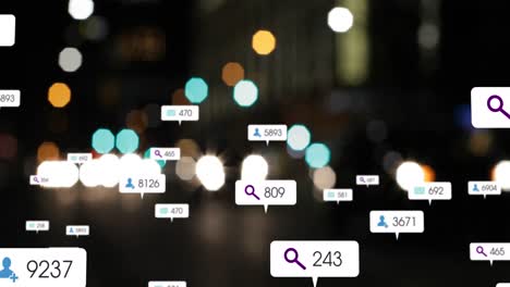 Animation-of-social-media-icons-and-numbers-over-road-traffic-and-cityscape