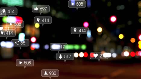 Animation-of-social-media-icons-and-numbers-over-out-of-focus-traffic-lights