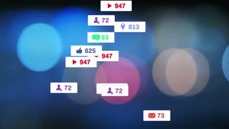 Animation-of-social-media-icons-and-numbers-over-out-of-focus-flickering-lights