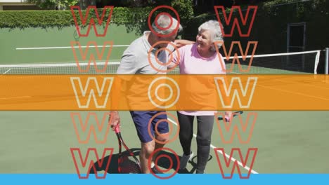 Animation-of-wow-text-in-orange-over-happy-senior-caucasian-couple-embracing-outdoors-after-tennis