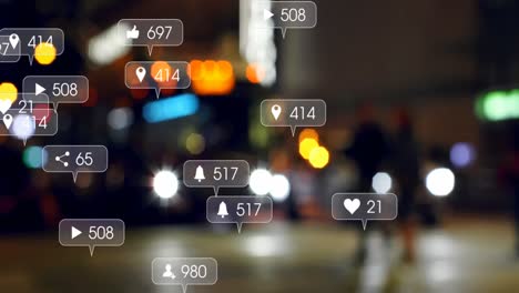 Animation-of-social-media-icons-and-numbers-over-out-of-focus-traffic-lights