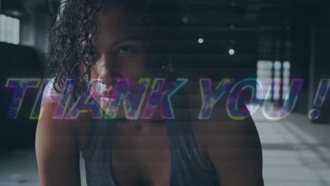 Animation-of-thank-you-text-over-african-american-sportswoman-at-gym