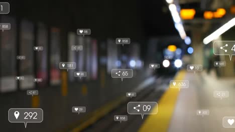Animation-of-social-media-icons-and-numbers-over-out-of-focus-train-in-station
