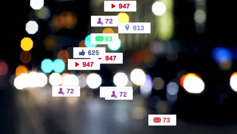 Animation-of-social-media-icons-and-numbers-over-out-of-focus-traffic-light