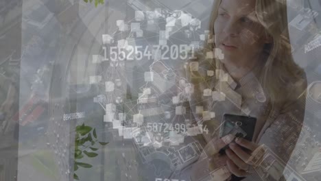 Animation-of-cityscape-and-network-of-connections-over-caucasian-businesswoman-using-smartphone