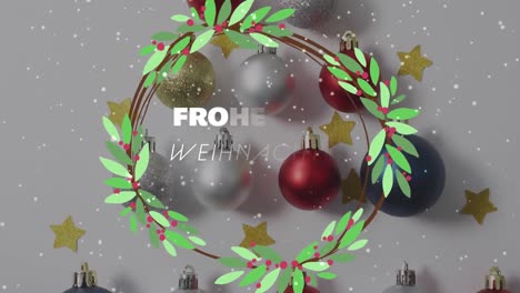 Animation-of-christmas-seasons-greetings-with-snow-falling-over-christmas-decorations
